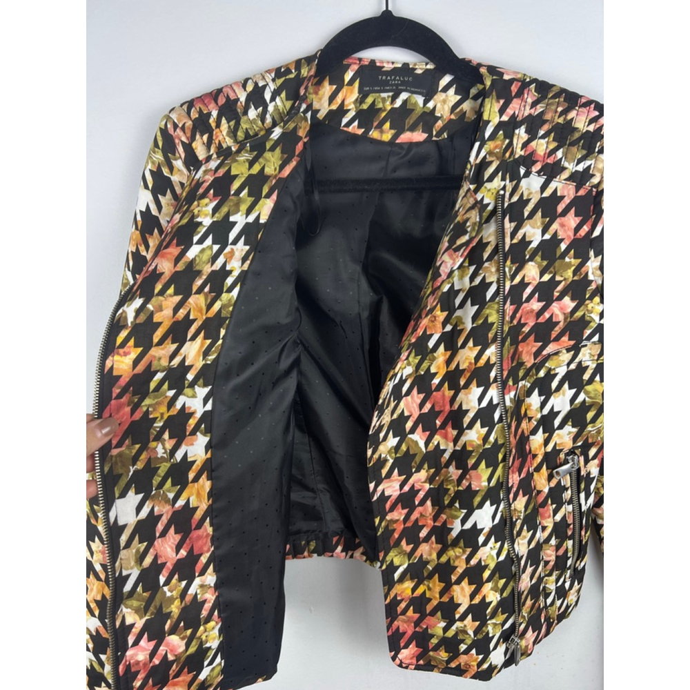 ZARA Trafaluc Floral Multicolor Houndstooth Moto Jacket Women's Small - Picture 7 of 9
